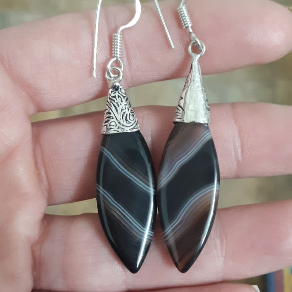 New Banded Black Onyx Silver Earrings.
